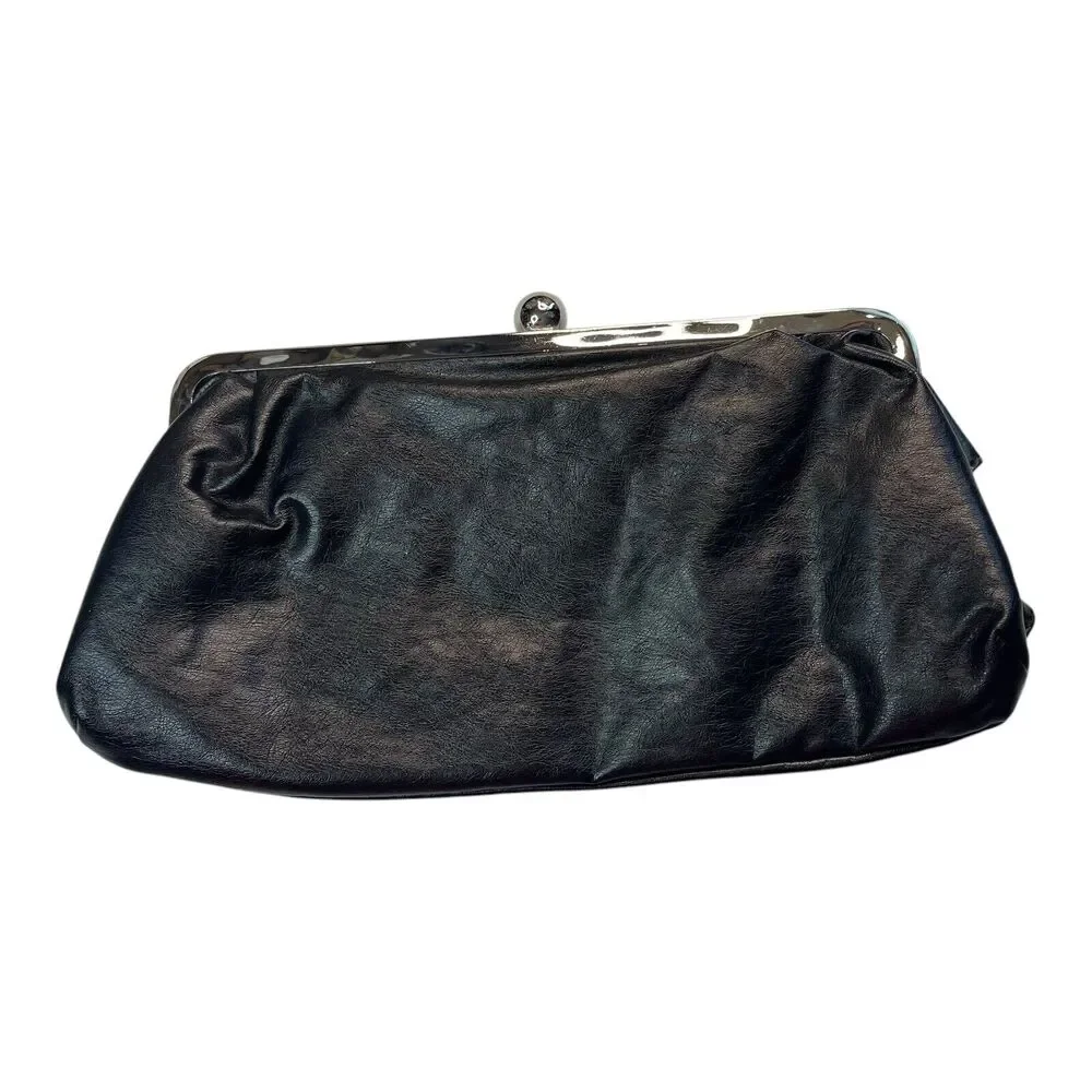Candies Vintage Soft Leather Black Ruffle Clutch Bag Formal